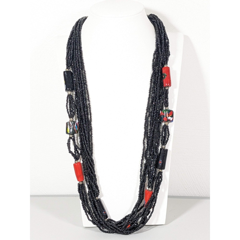 Artisan Black Multi Strand Beaded Necklace Red Glass‎ Accent 28"